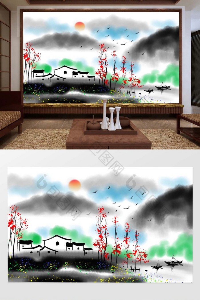新中式水墨江南山水画风景背景墙