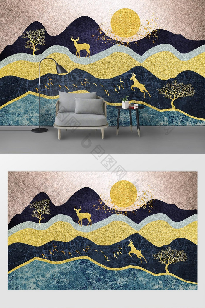 北欧金色抽象鹿风景画背景墙