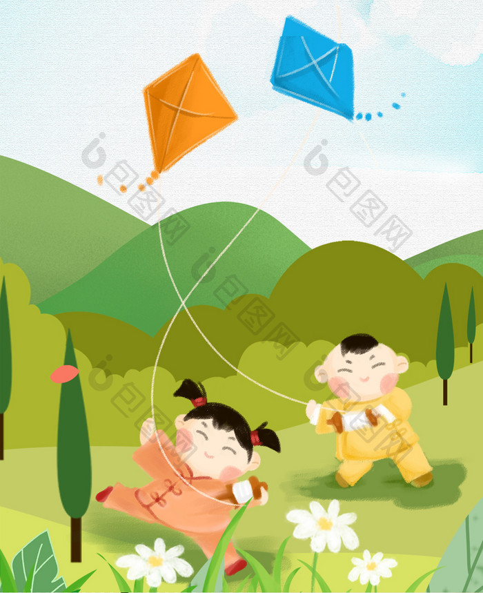 浅蓝色郊外自然儿童小孩放风筝春分手机配图