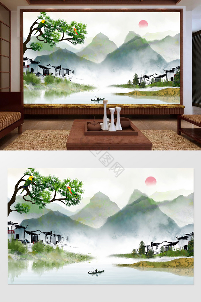 新中式山水水彩背景墙图片