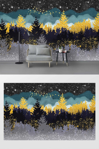 北欧金色森林抽象风景背景装饰画图片