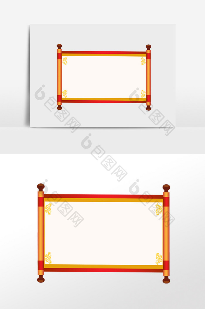 手绘中式红色卷轴装饰插画