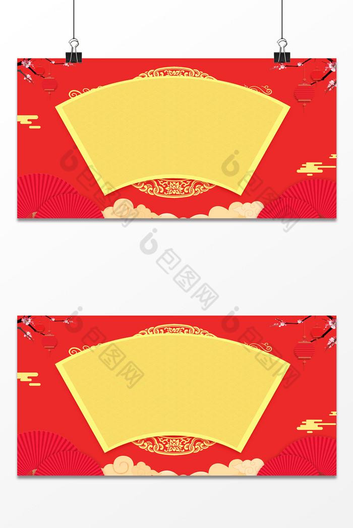 中国红古风扇子过年促销banner背图片图片