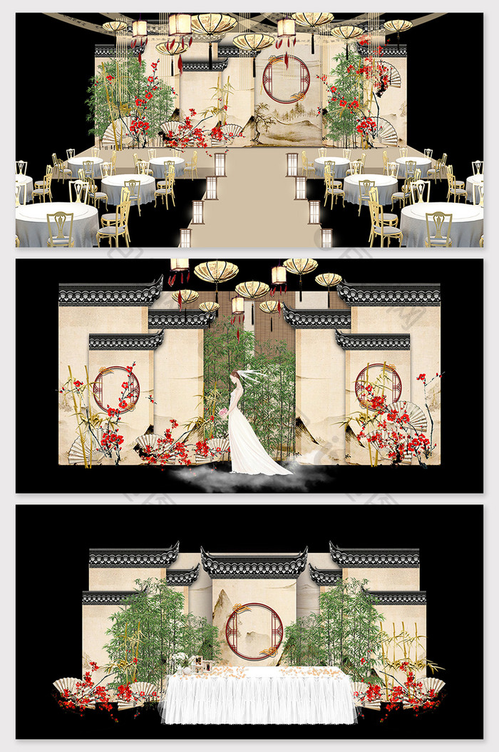 新中式唯美婚礼舞台布置效果图