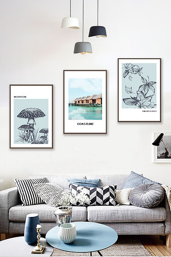 北欧风植物线条海岸线风景客厅卧室装饰画图片