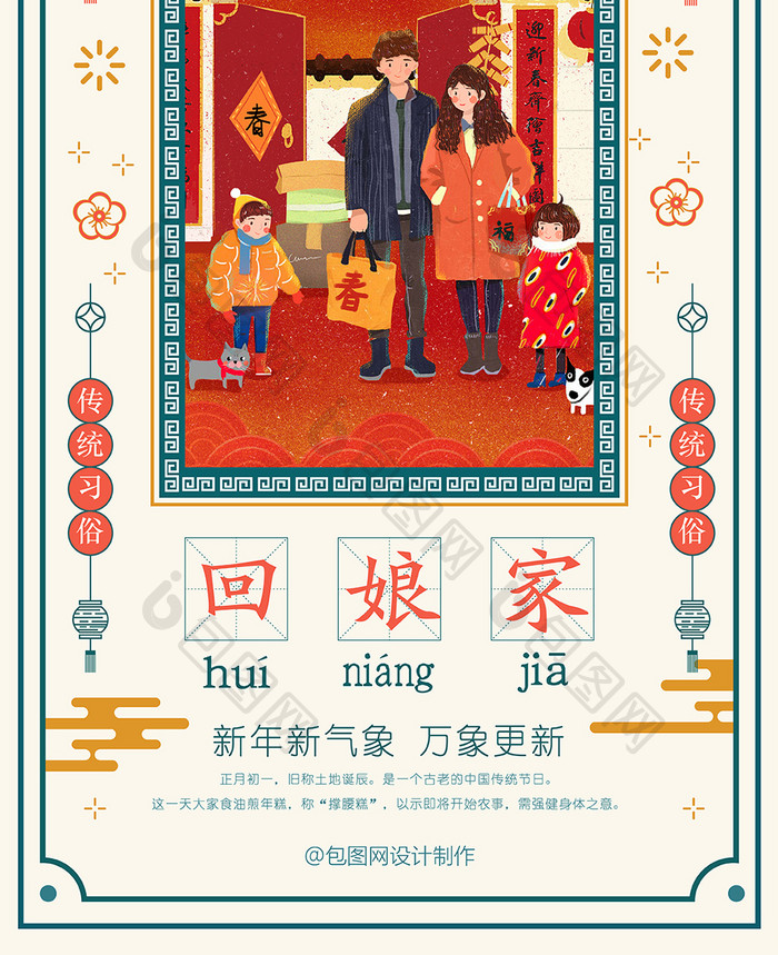 蓝红喜庆中国风大年初二回娘家手机海报