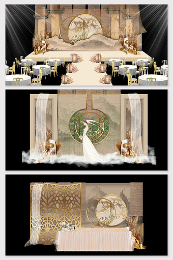 新中式香槟色大气唯美婚礼舞台效果图图片