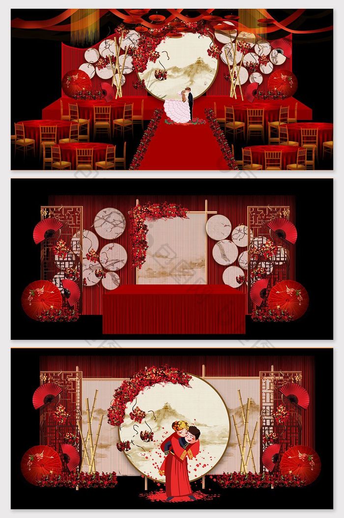 新中式红色喜庆花鸟婚礼效果图