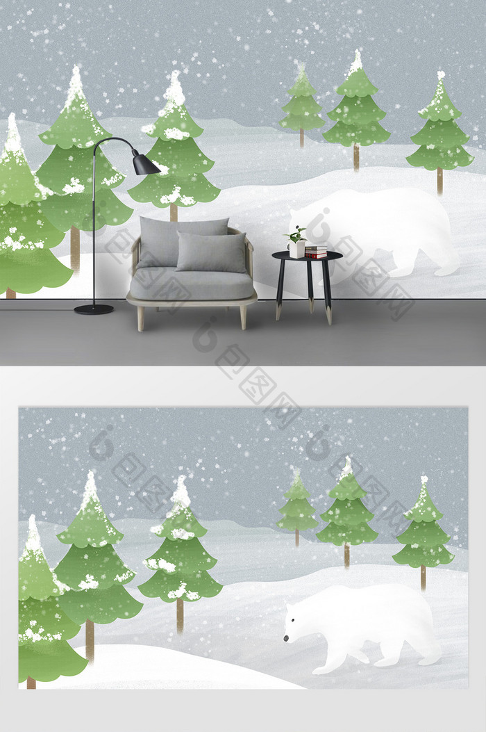 手绘插画雪景树林北极熊儿童房电视背景墙