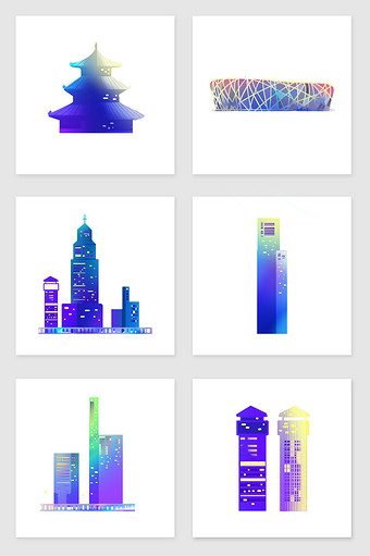渐变紫色系建筑插画元素图片