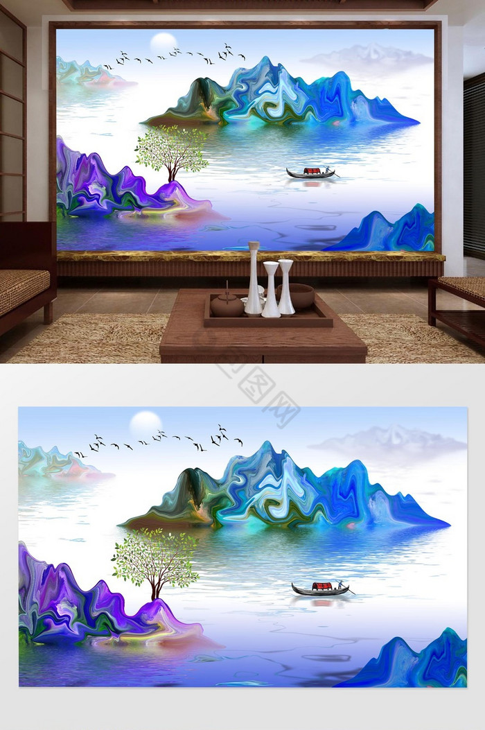 中式蓝色抽象山水画背景墙图片
