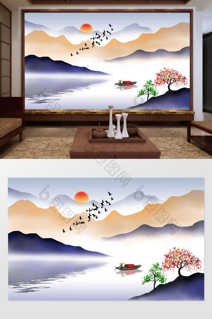 中式抽象山水画背景装饰画