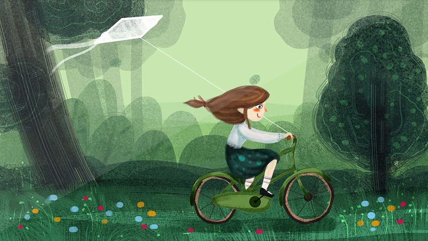 绿色春分放风筝的小女孩gif插画图片