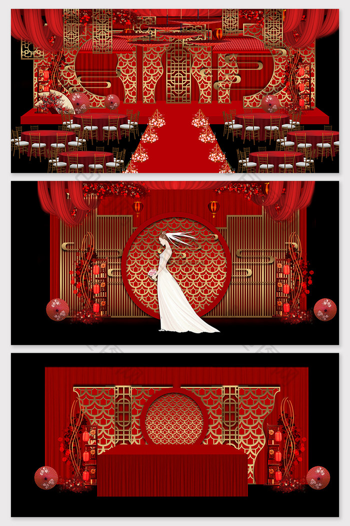 新中式红金奢华大气婚礼背景效果图