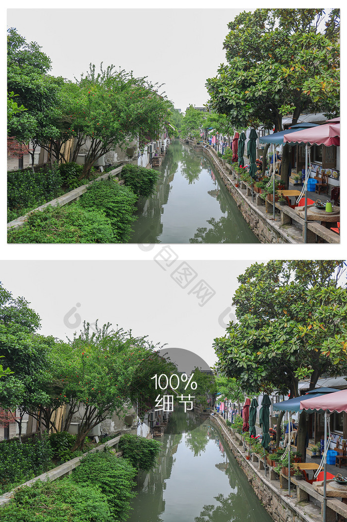 南京苏州大运河河流街边船只店铺绿摄影图片