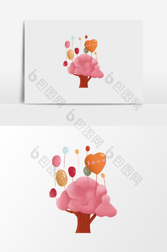 情人节粉色心形树插画元素