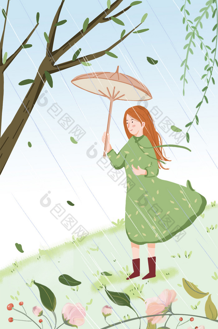 小清新春分雨水女孩撑伞绿草地鲜花落叶插画