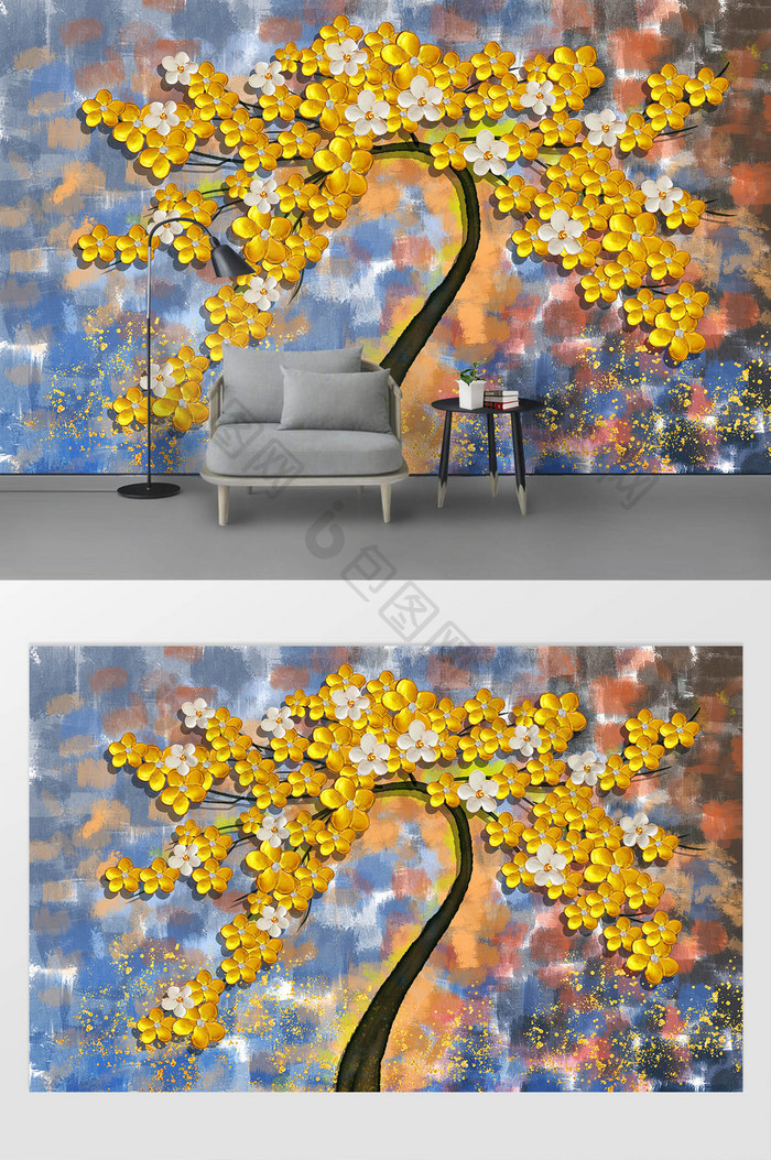 现代黄金抽象发财树油画背景墙