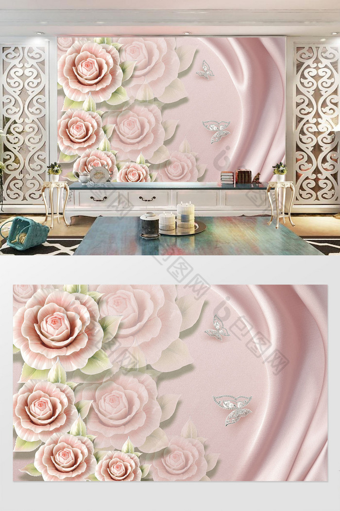 唯美浪漫粉色花卉绸缎蝴蝶珠宝背景墙图片图片