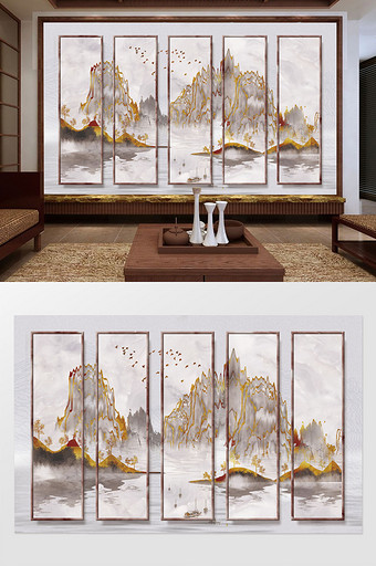 简约抽象山水鎏金水墨新中式背景墙图片