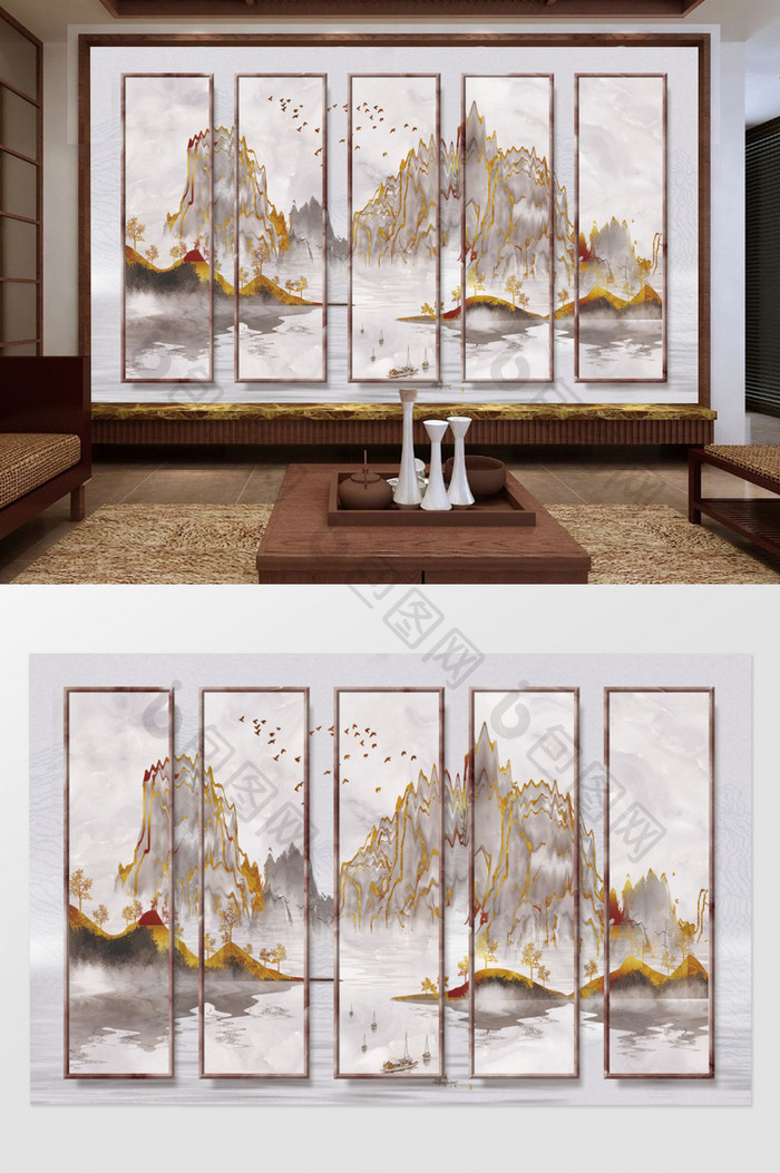 简约抽象山水鎏金水墨新中式背景墙
