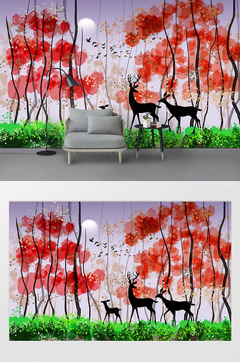 欧式森林麋鹿油画背景装饰画图片