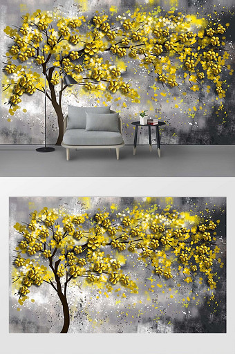 现代金色立体抽象树油画背景装饰画图片