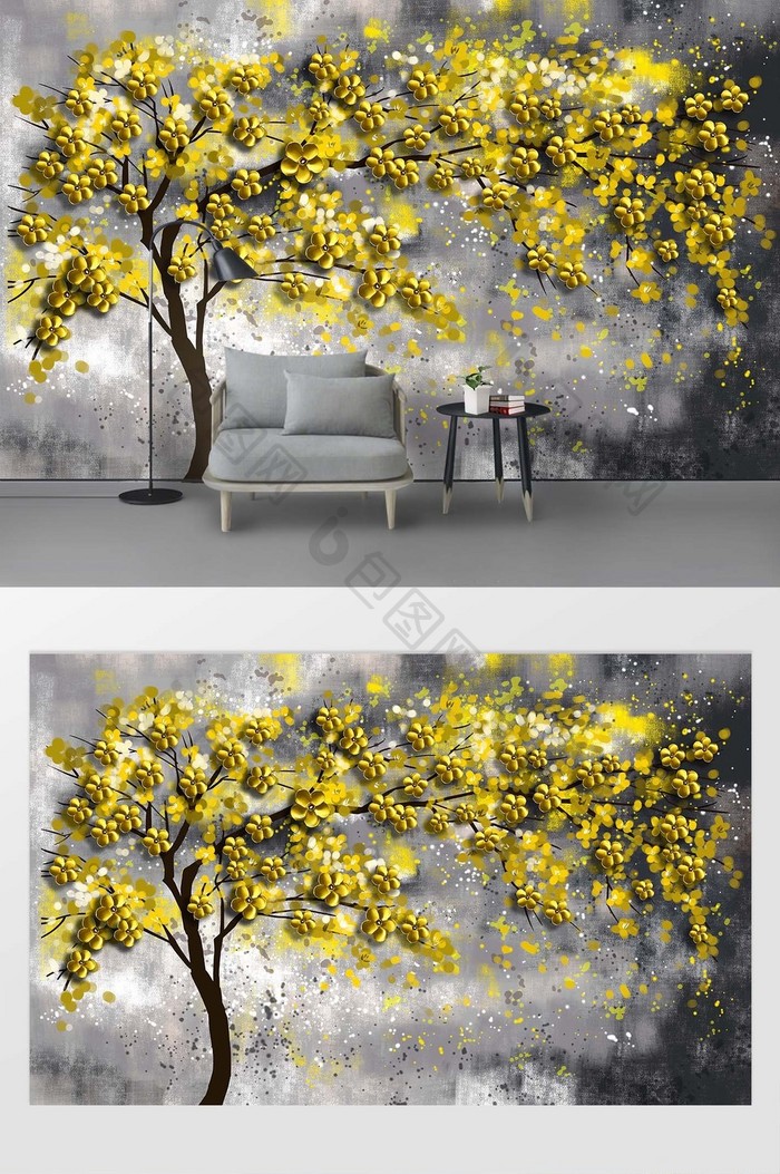 现代金色立体抽象树油画背景装饰画