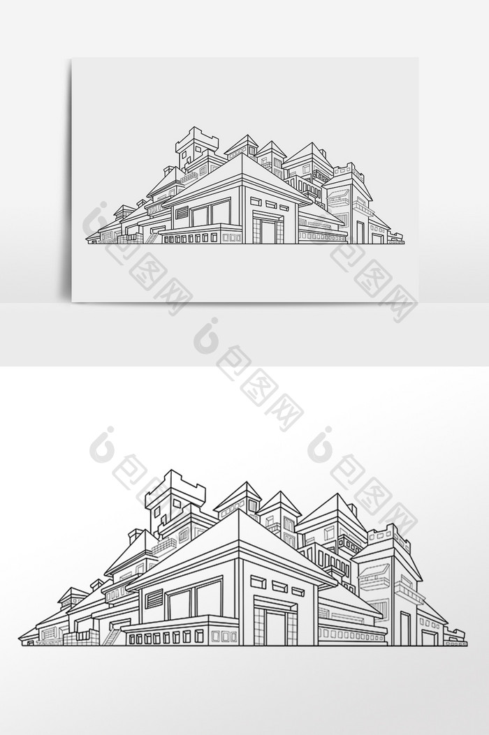 手绘线描高楼房屋建筑插画