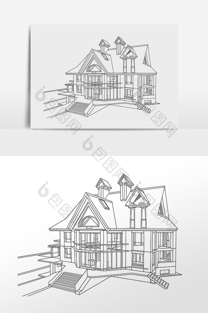 手绘线描别墅房屋建筑插画
