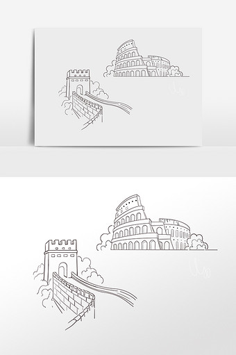 手绘线描建筑长城插画图片下载