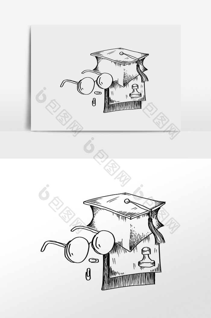 手绘线描学士帽眼睛文具插画