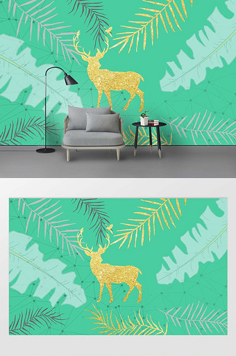 北欧现代植物抽象鹿油画背景墙图片