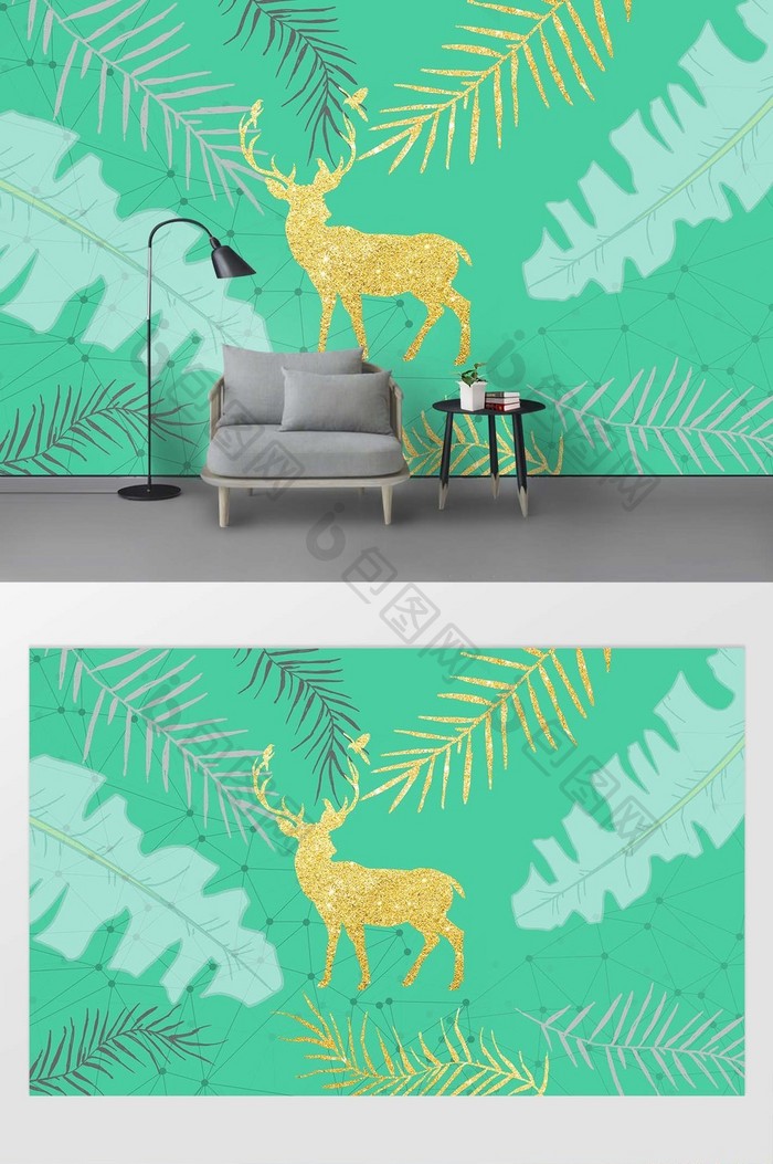北欧现代植物抽象鹿油画背景墙