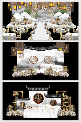 新中式水墨唯美婚礼舞台效果图图片
