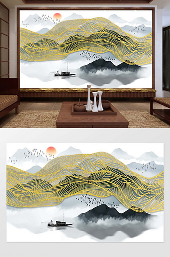 新中式水墨抽象山水背景壁画图片