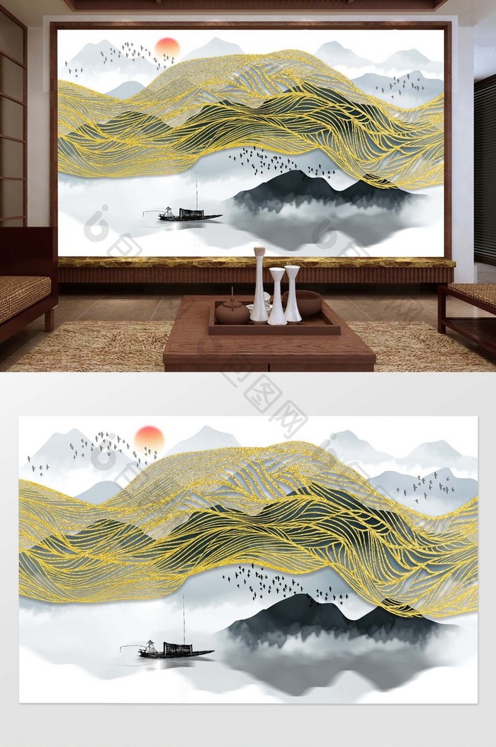 新中式水墨抽象山水背景壁画