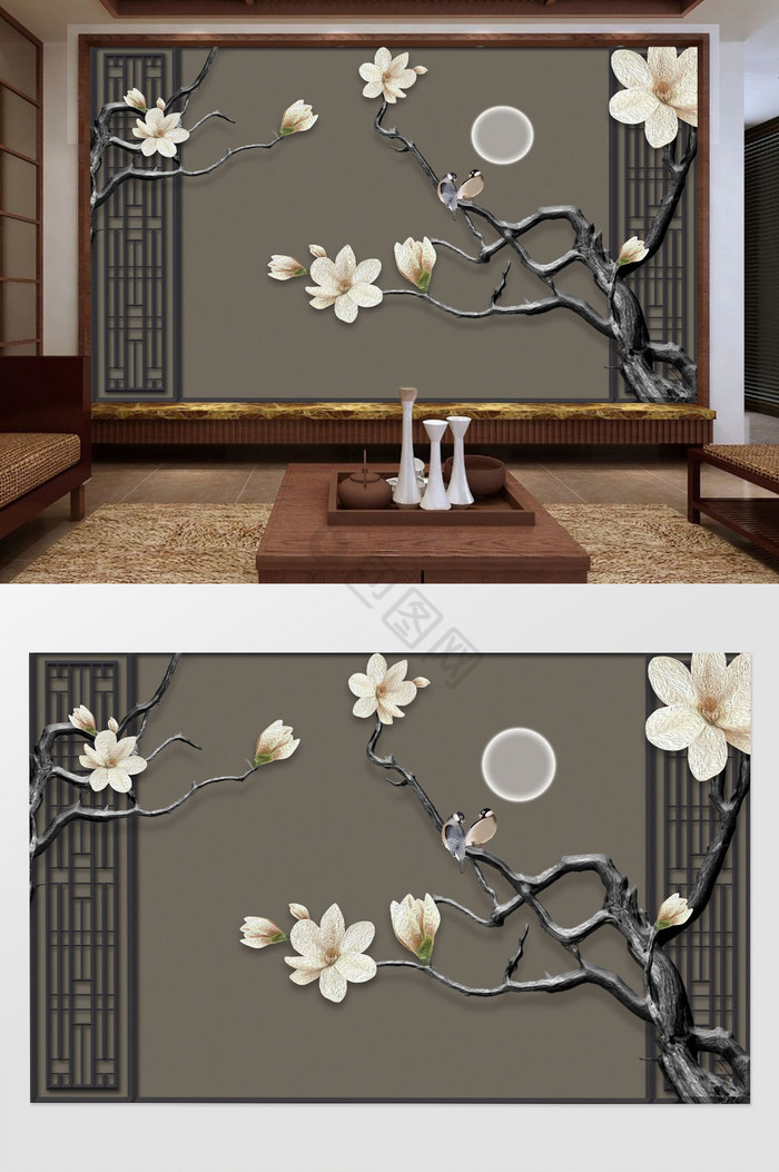 新中式意境窗格花枝月圆中式背景墙图片