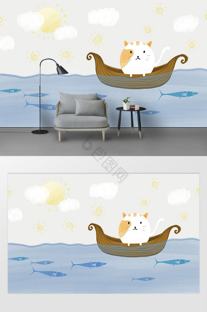 手绘清新梦幻卡通猫咪鱼群儿童房电视背景墙图片