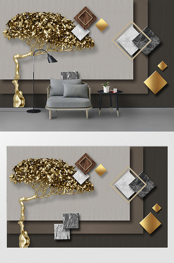 现代时尚3d立体金色发财树金箔几何背景墙图片