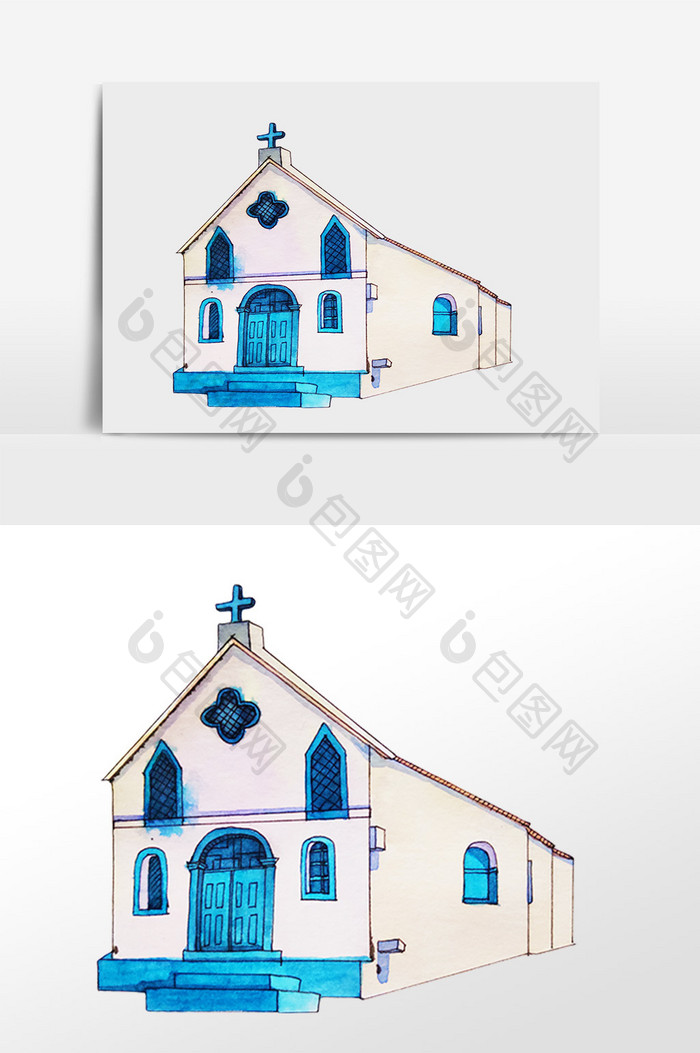 手绘彩色圣教教堂建筑插画
