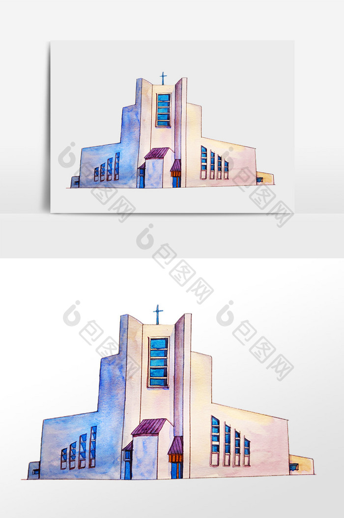 手绘彩色教堂房屋建筑插画