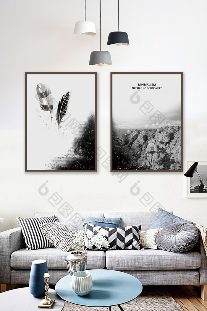 北欧风羽毛淡彩黑白山川风景客厅卧室装饰画图片图片
