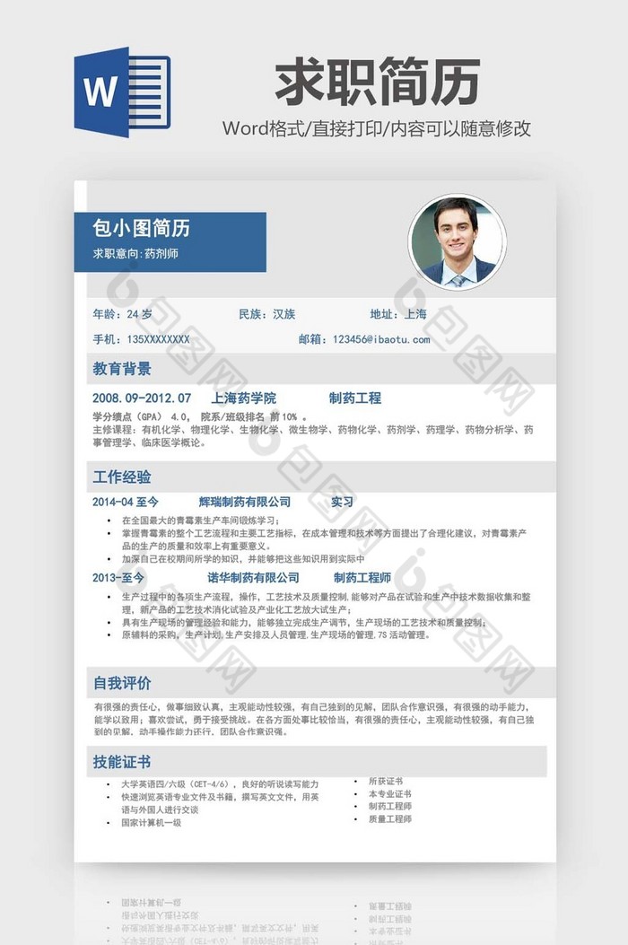 商务简约风药剂师简历word模板图片图片
