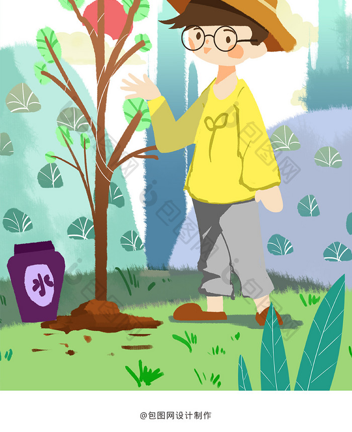 可爱插画风格3.12植树节手机海报