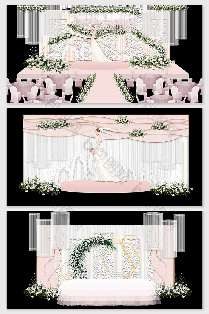 现代简约唯美粉色欧式婚礼舞台布置效果图
