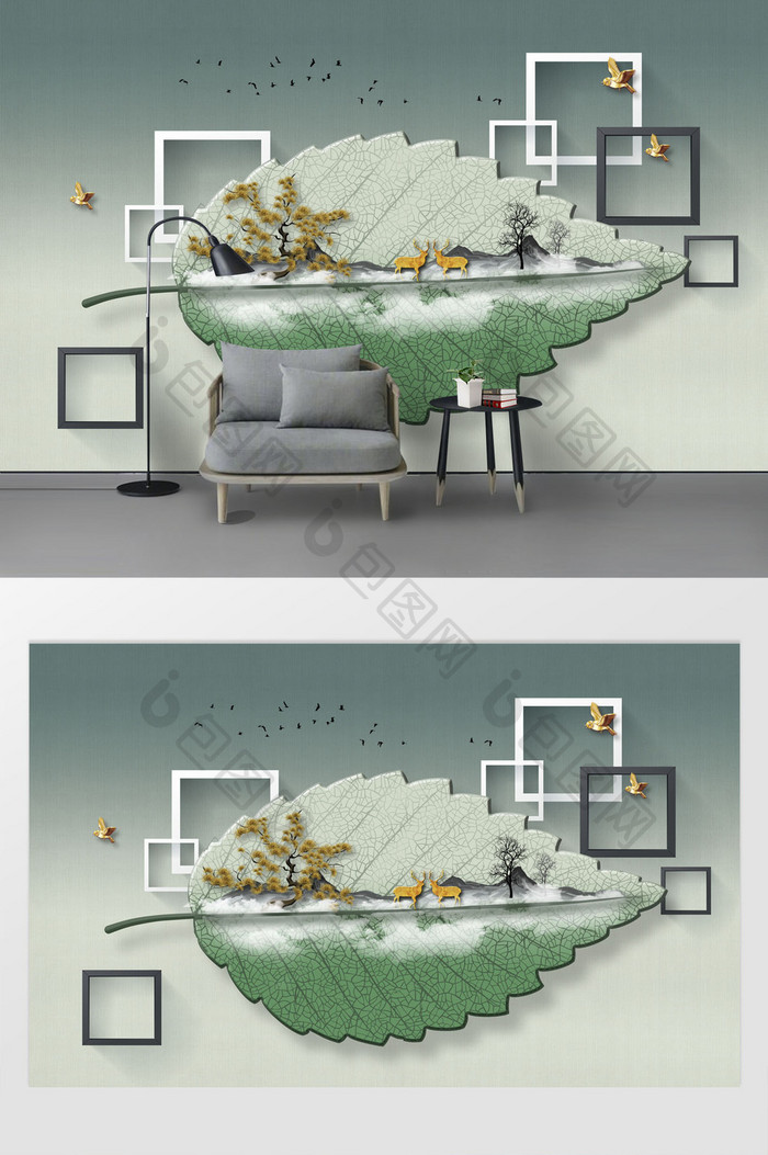 现代时尚3D立体创意叶子发财树麋鹿背景墙