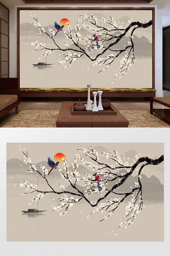 新中式手绘花鸟山水画背景壁画图片