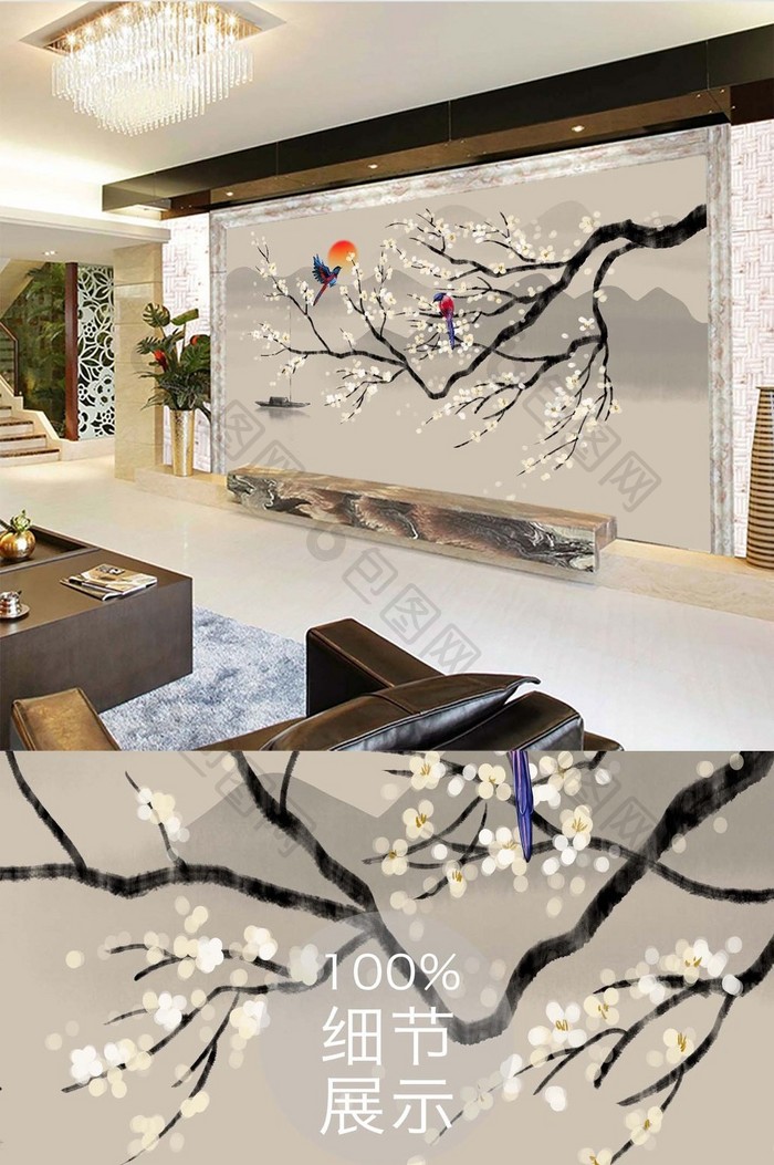 新中式手绘花鸟山水画背景壁画