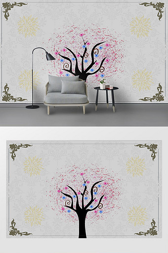 现代时尚大气花朵花枝简洁文艺灰色背景墙图片